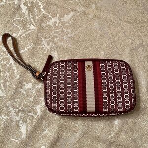 EUC Tory Burch Gemini Link Coated Canvas Wristlet Burgundy & Tan